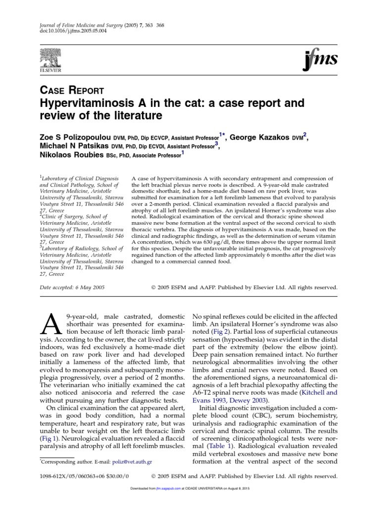 Hypervitaminosis A in Cats A Case Report and Review of a Cat with