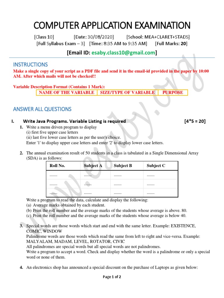 Class 10 Computer Application Exam | PDF | Letter Case | Constructor ...