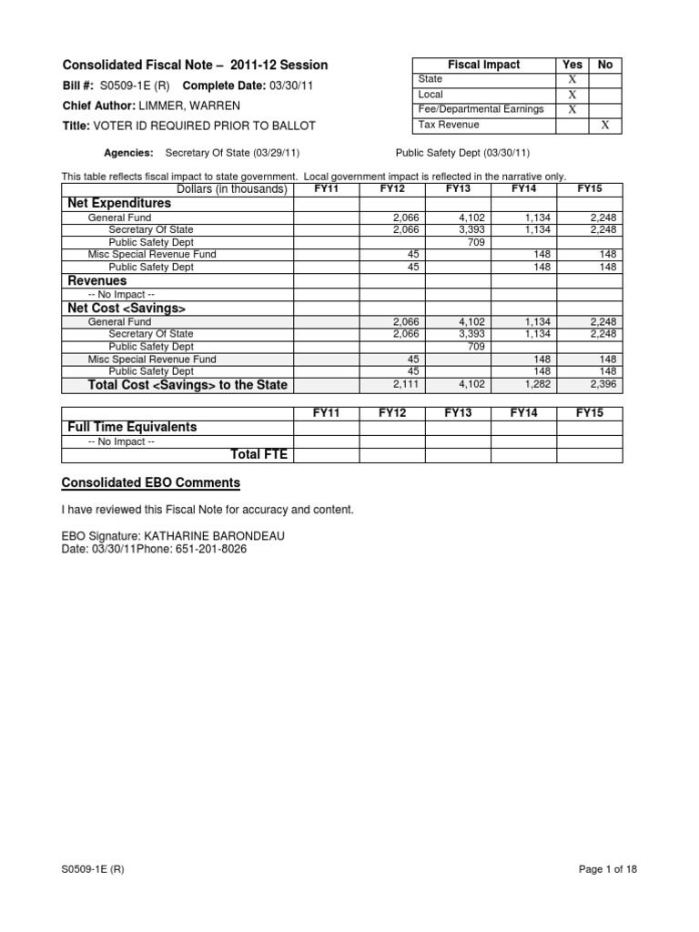 Consolidated Fiscal Note - 2011-12 Session: S0509-1E (R) 03/30/11 ...
