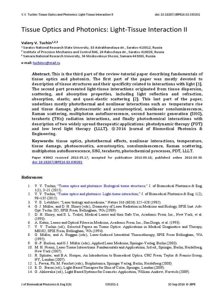 Tissue Optics and Photonics LightTissue Interaction II Valery V