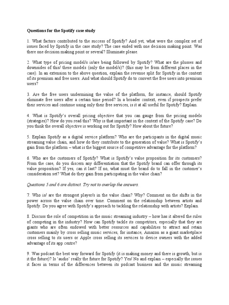 Questions For The Spotify Case Study PDF Spotify Pricing