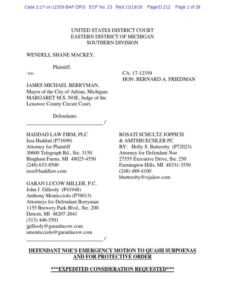 Judge Noe's Motion to Quash Subpoenas and for Protective Order PDF Discovery (Law) Lawsuit