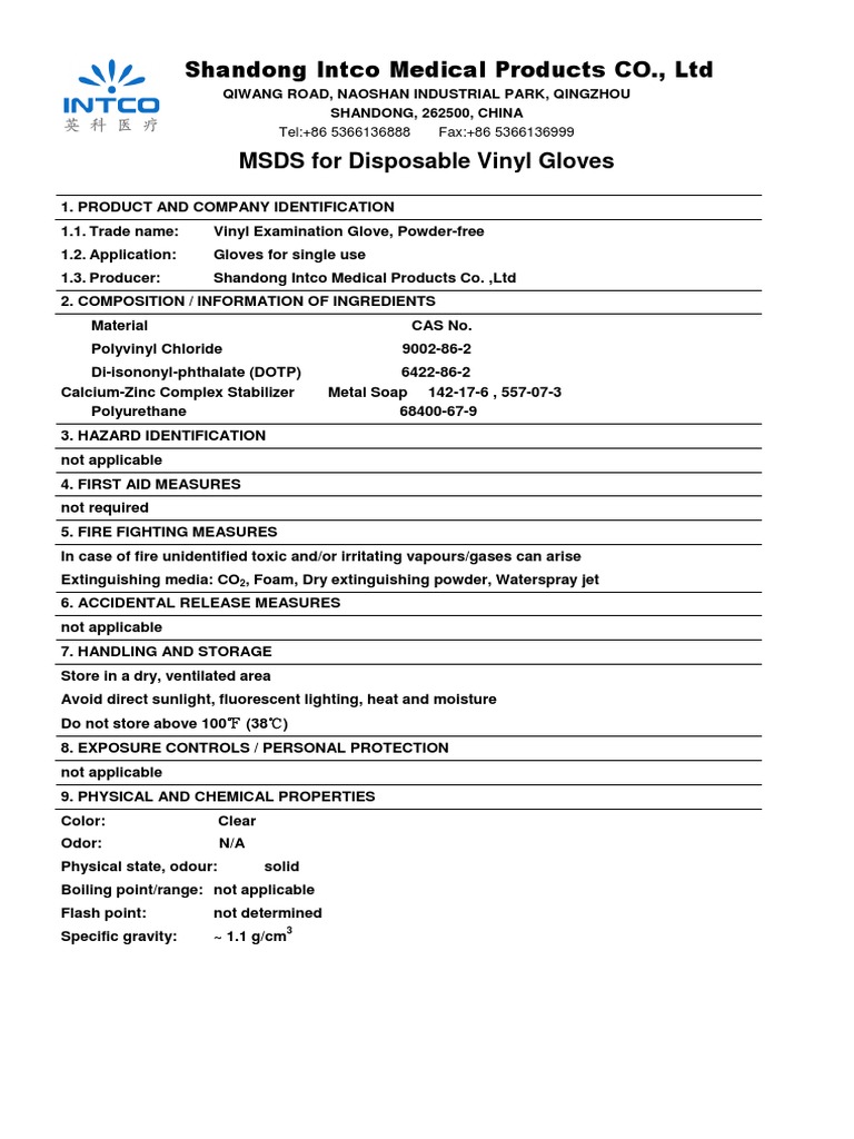 MSDS For PVC Gloves PDF Polyvinyl Chloride Chemistry