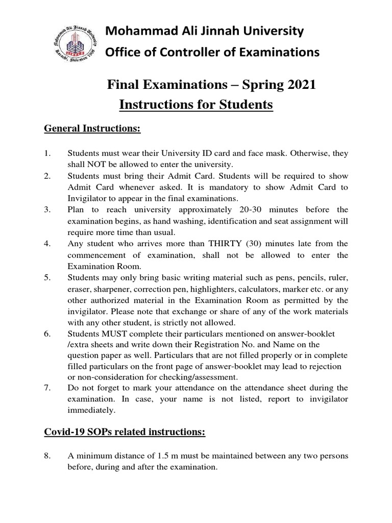 Final Examinations Instructions For Students Final Exams Spring