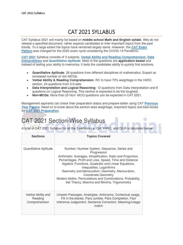 CAT 2021 Section-Wise Syllabus | PDF | Mathematics | Trigonometry