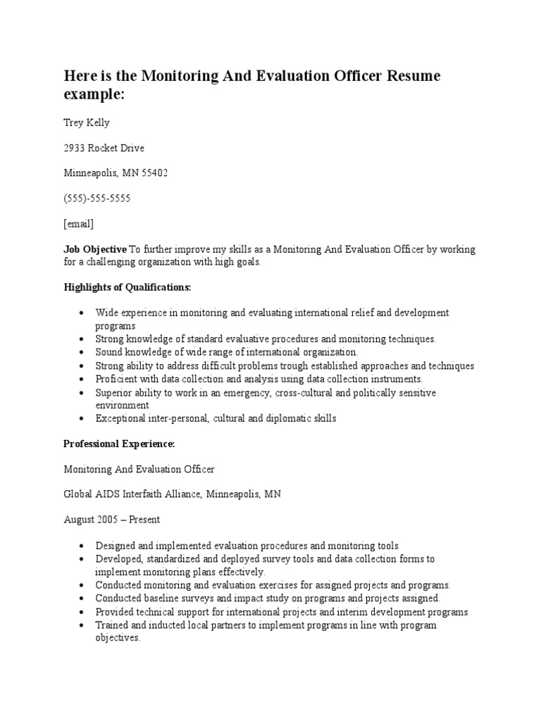 Here Is The Monitoring and Evaluation Officer Resume Example PDF