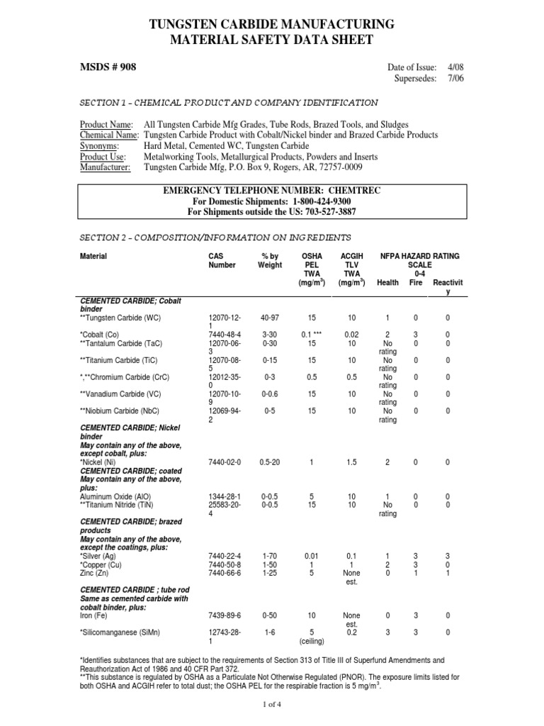 Tungsten Carbide Manufacturing Material Safety Data Sheet MSDS 908