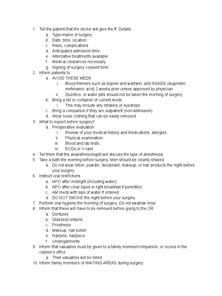 Preoperative Instructions for Patients | PDF | Anesthesia | Surgery
