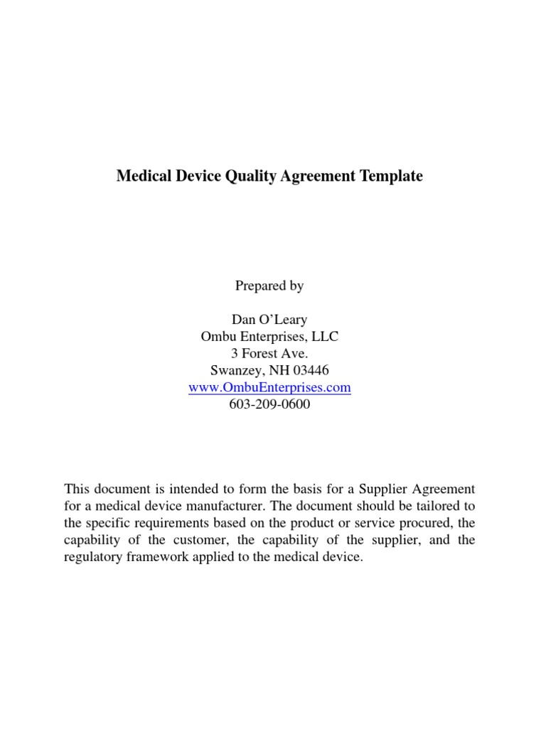 Medical Device Quality Agreement PDF Quality Management System