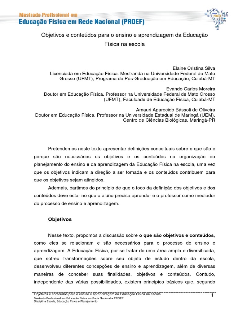 Objetivos e conteúdos para o ensino da Educação Física Escolar | PDF ...