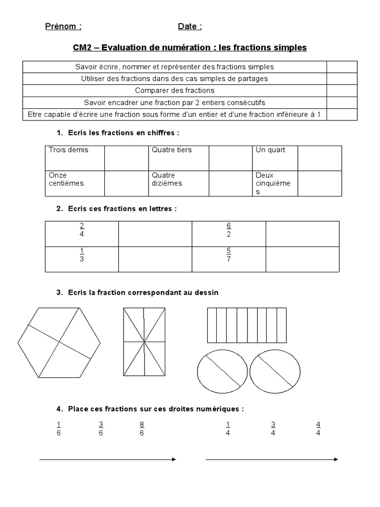 Exercices Fractions Cm2 Avec Corrigés Eval Num Fractions CM2 | PDF