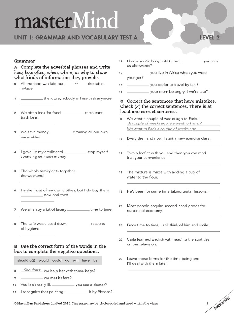 Mastermind 2 Unit 1 Grammar and Vocabulary Test A | PDF