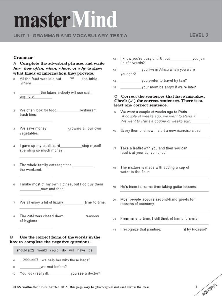 Mastermind 2 Unit 1 Grammar and Vocabulary Test A | PDF | Economies