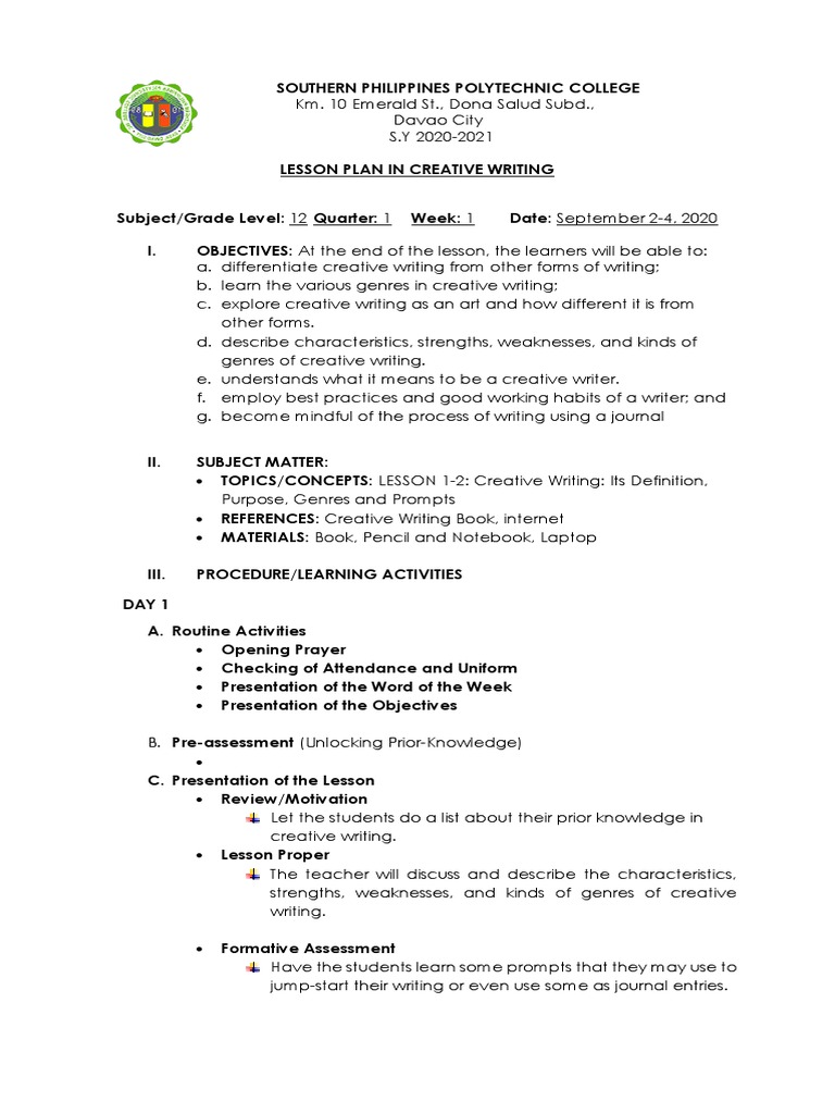 Creative Writing Lesson Plan for Grade 12 | PDF | Lesson Plan | Pedagogy