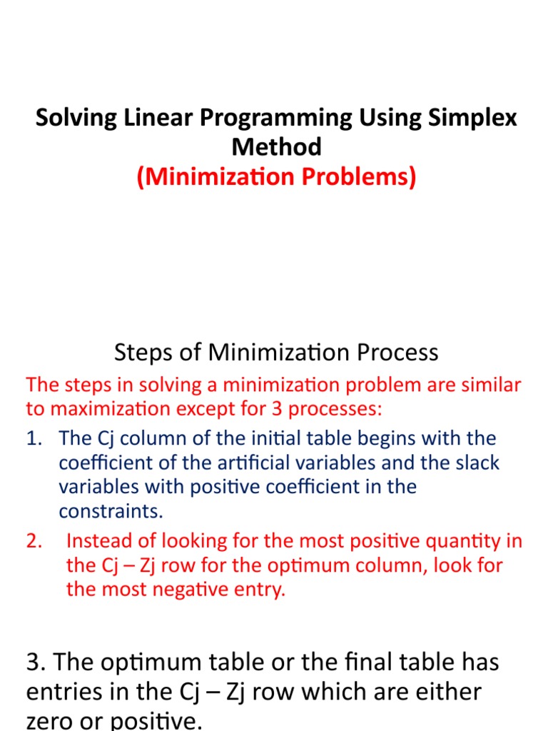 LP Using Simplex Method (Minimization Process) PDF Mathematical