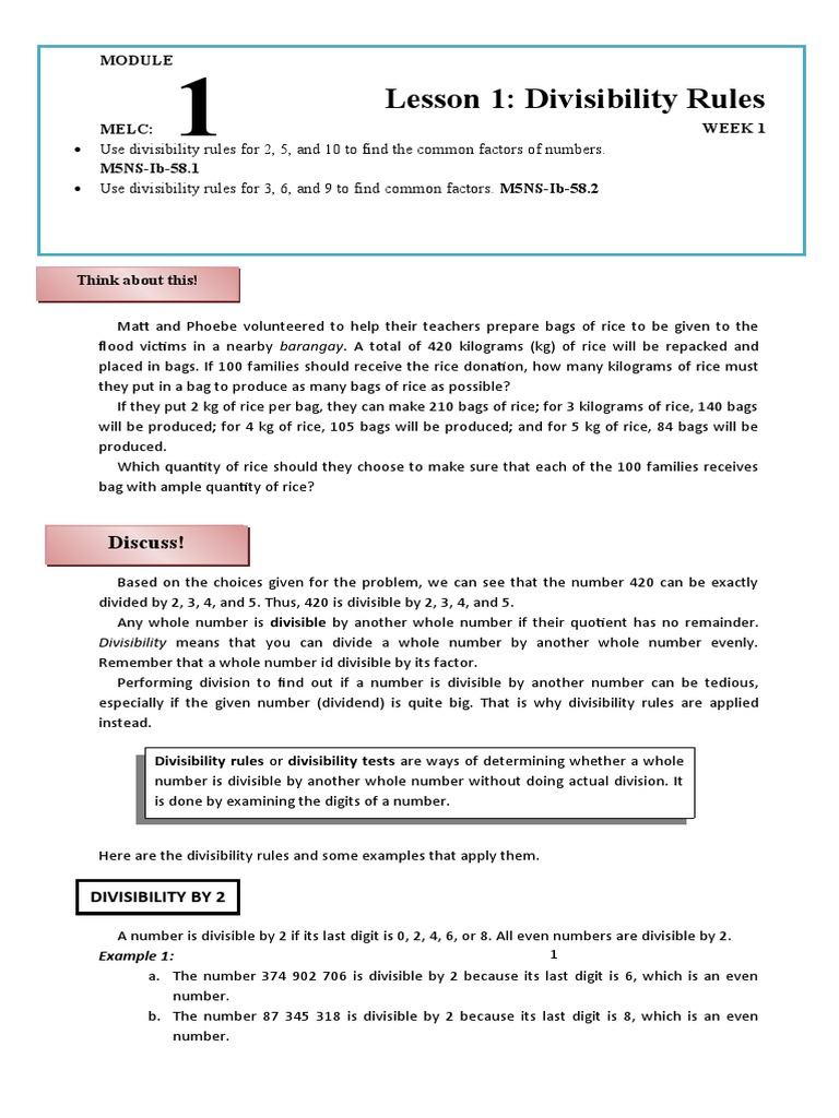 Lesson 1: Divisibility Rules: Discuss! | PDF | Arithmetic | Mathematics
