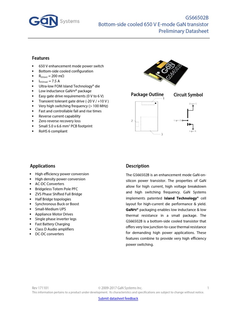 Gs66502B BottomSide Cooled 650 V EMode Gan Transistor Preliminary Datasheet PDF Field