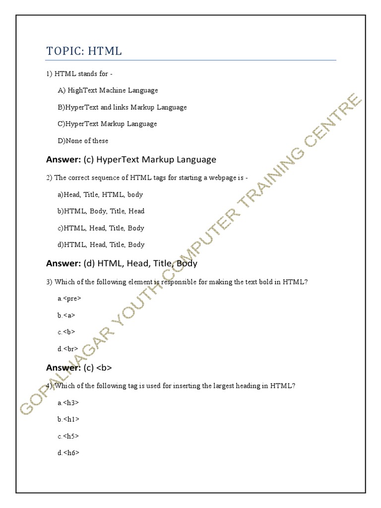 Topic: HTML: (C) Hypertext Markup Language | Download Free PDF | Html ...