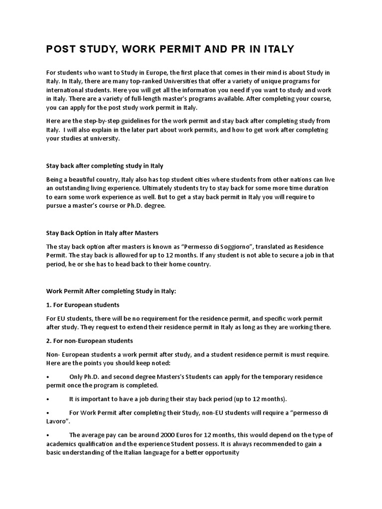 Post Study, Work Permit and PR in Italy | PDF | Academic Degree ...