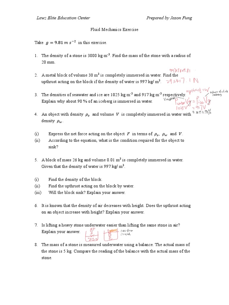 Fluid Mechanics Exercise PDF Buoyancy Density