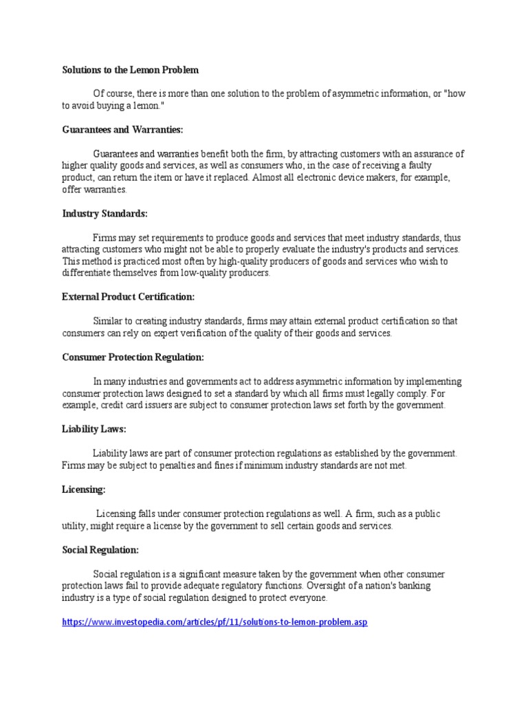 Effective Solutions to Lemon Problem | PDF