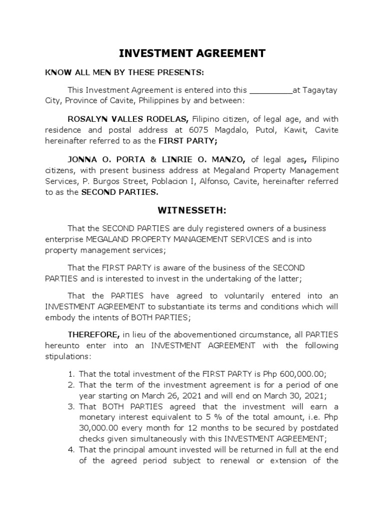 Investment Agreement: Know All Men by These Presents | PDF 