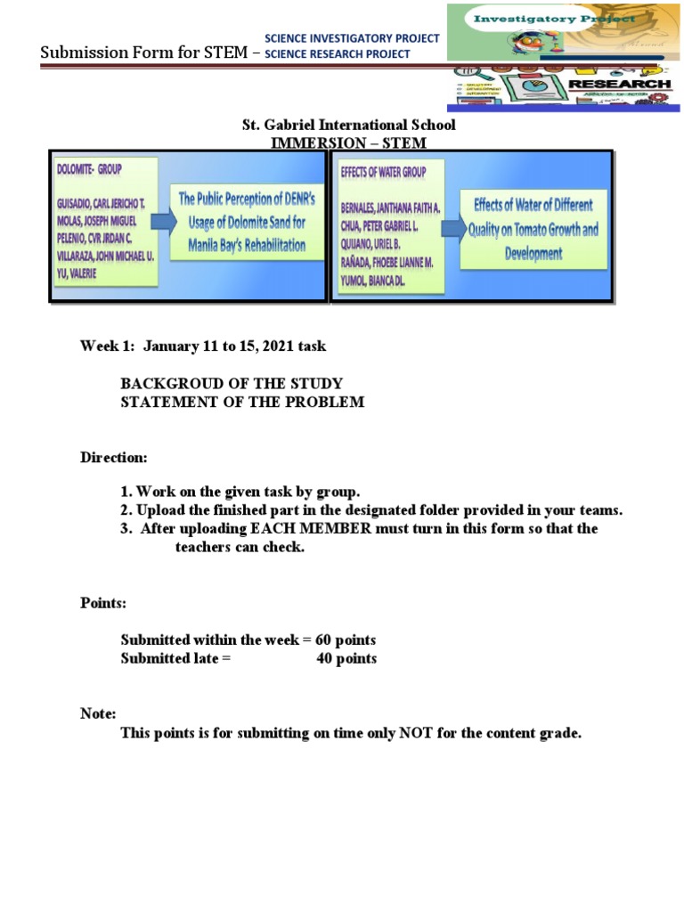 Submission Form For STEM - : Science Investigatory Project Science ...