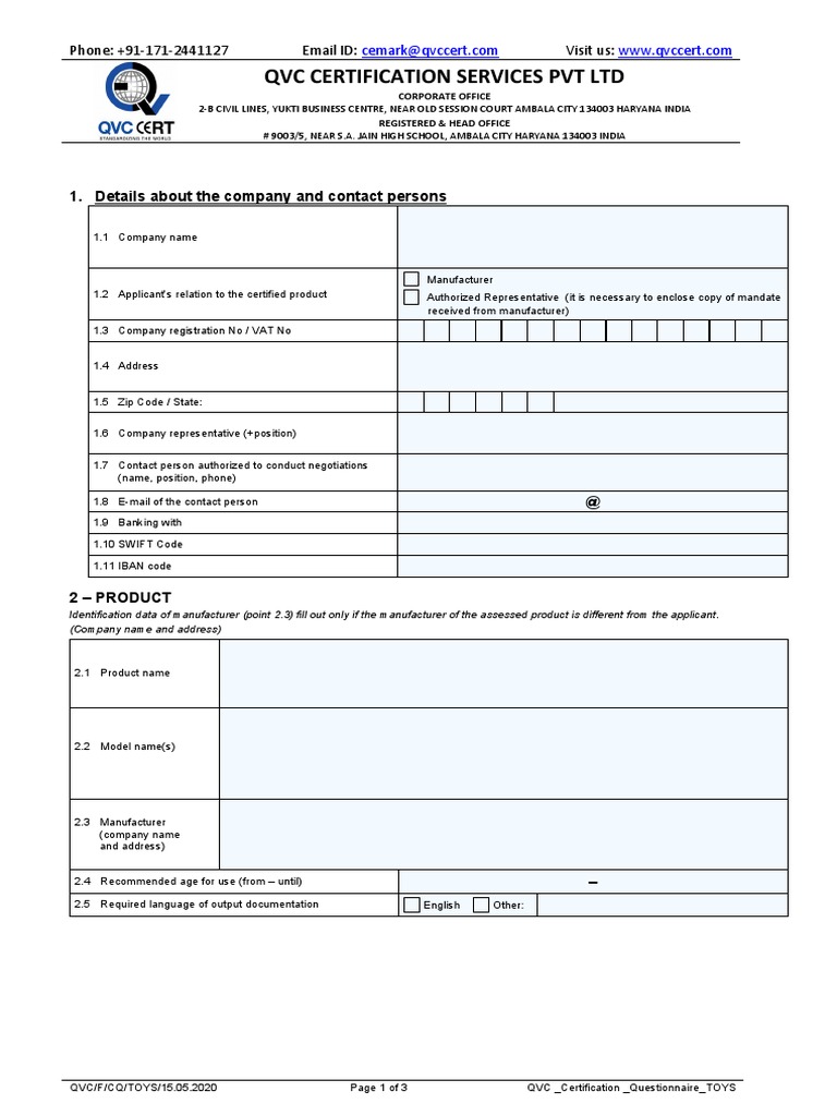 QVC Toy Certification Questionnaire | PDF