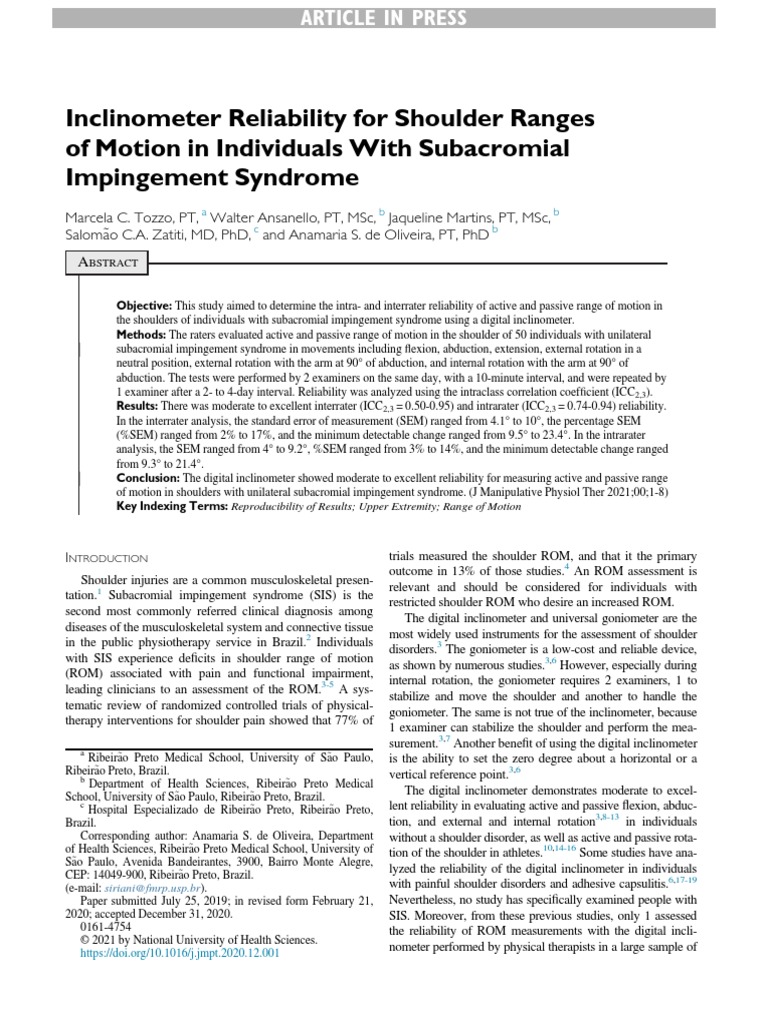 Inclinometer Reliability For Shoulder Ranges of Motion in Individuals ...