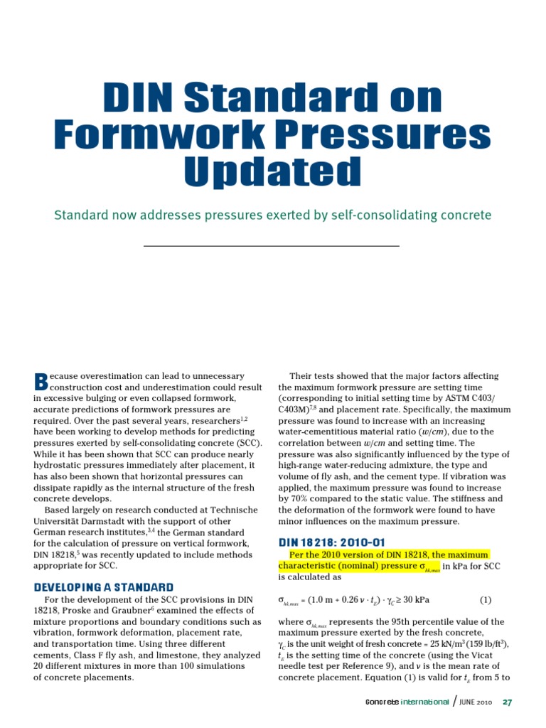 DIN Standard On Formwork Pressures Updat | PDF | Concrete | Pressure