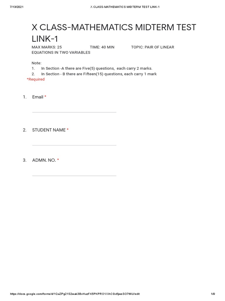 X CLASS-MATHEMATICS MIDTERM LINK - 1 - Google Forms | PDF | Equations ...