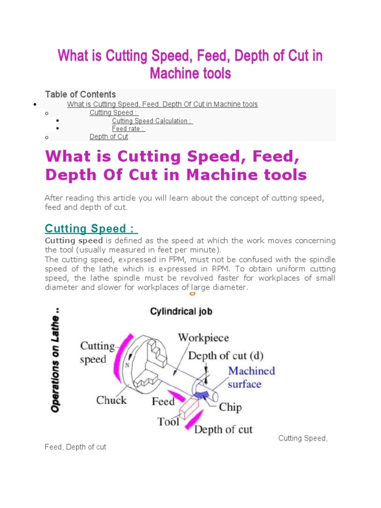 What Is Cutting Speed, Feed, Depth of Cut in Machine Tools PDF