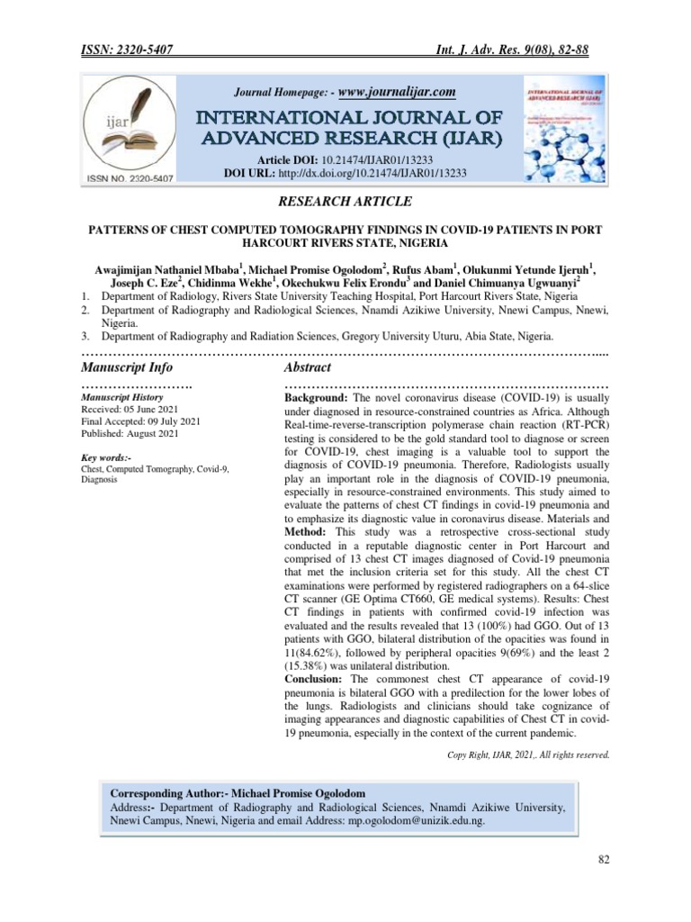 Patterns of Chest Computed Tomography Findings in Covid19 Patients in Port Harcourt Rivers