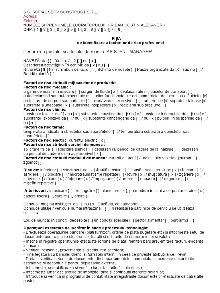Fisa Riscuri - Asistent Manager - Hriban Costin Alexandru | PDF