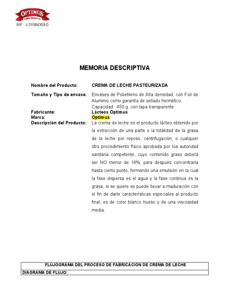 Ficha Tecnica Crema de Leche PDF Leche Crema