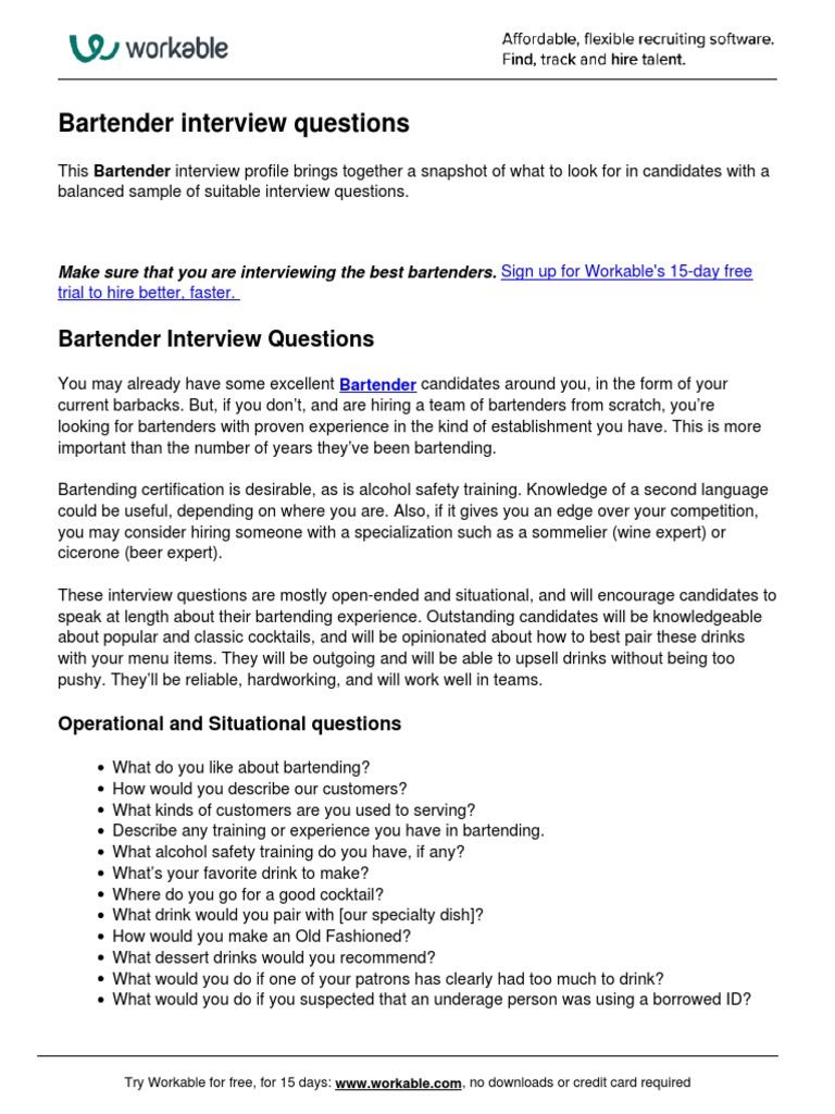 Bartender Interview Questions PDF Bartender Drink