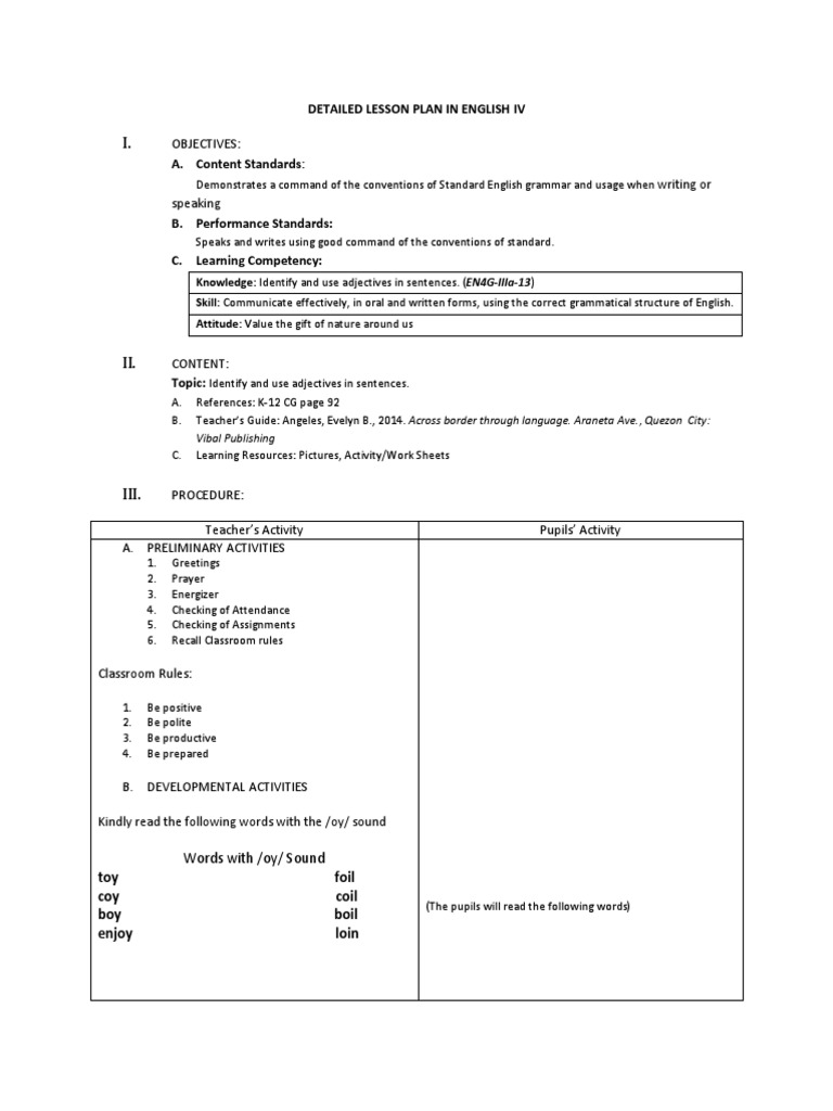 Lesson Plan: Using Adjectives in English IV | PDF | Taste | Lesson Plan