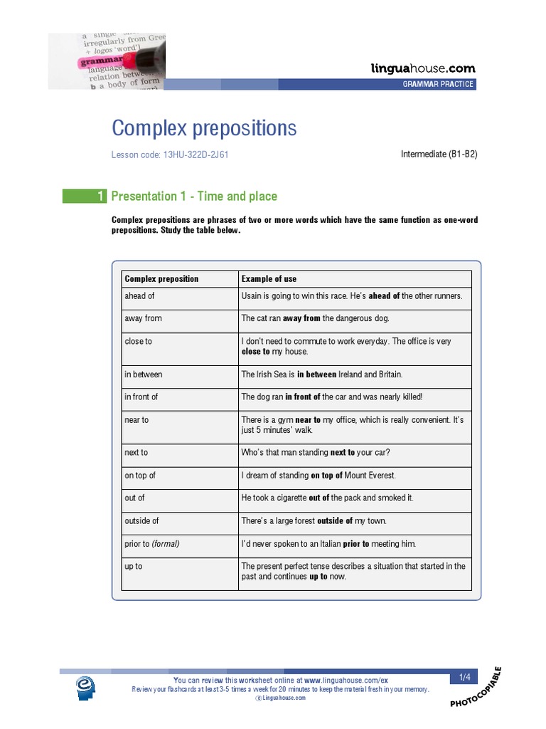 Complex Prepositions Practice Worksheet | PDF | Preposition And ...
