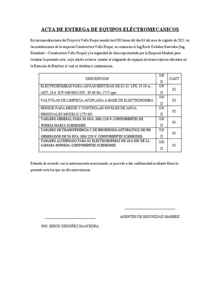Acta de Entrega de Equipos Electromecánicos | PDF