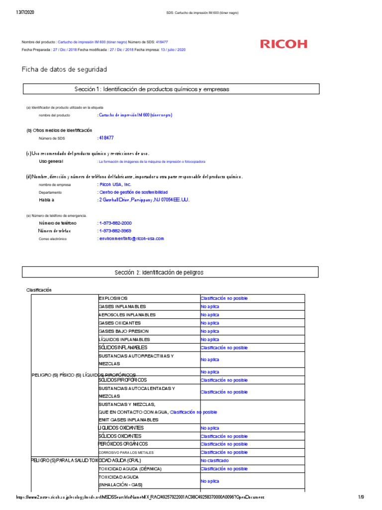 SDS Print Cartridge IM 600 (Black Toner) .En Es PDF Toxicidad