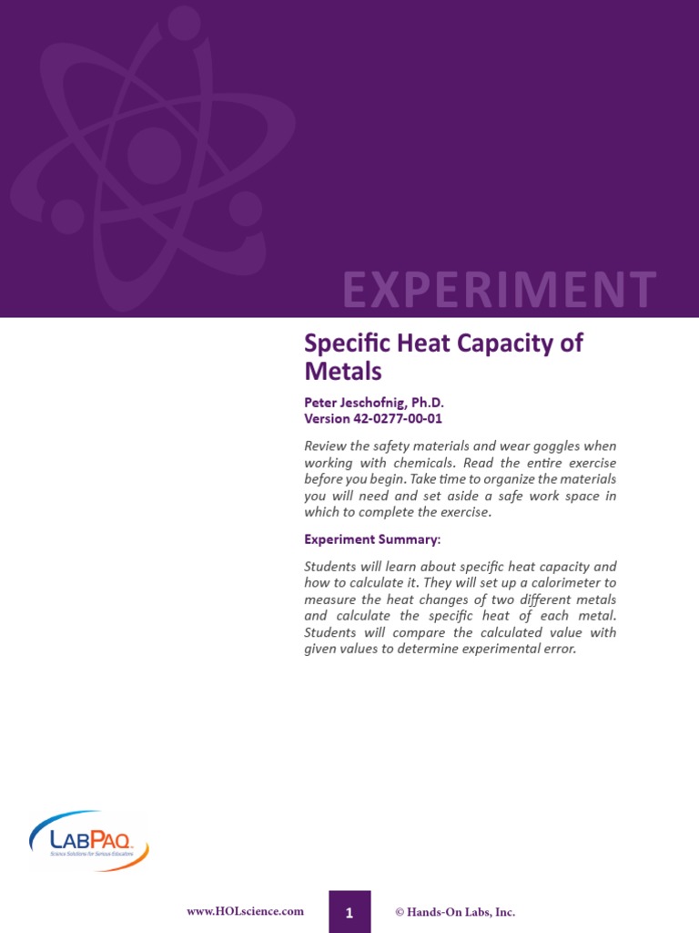 Experiment Specific Heat Capacity of Metals PDF Calorie Heat