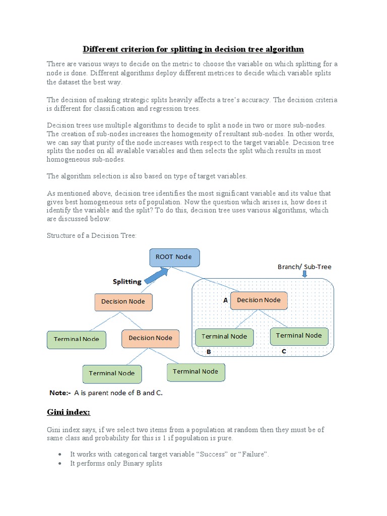 Different Criterion For Splitting in Decision Tree Algorithm | PDF ...