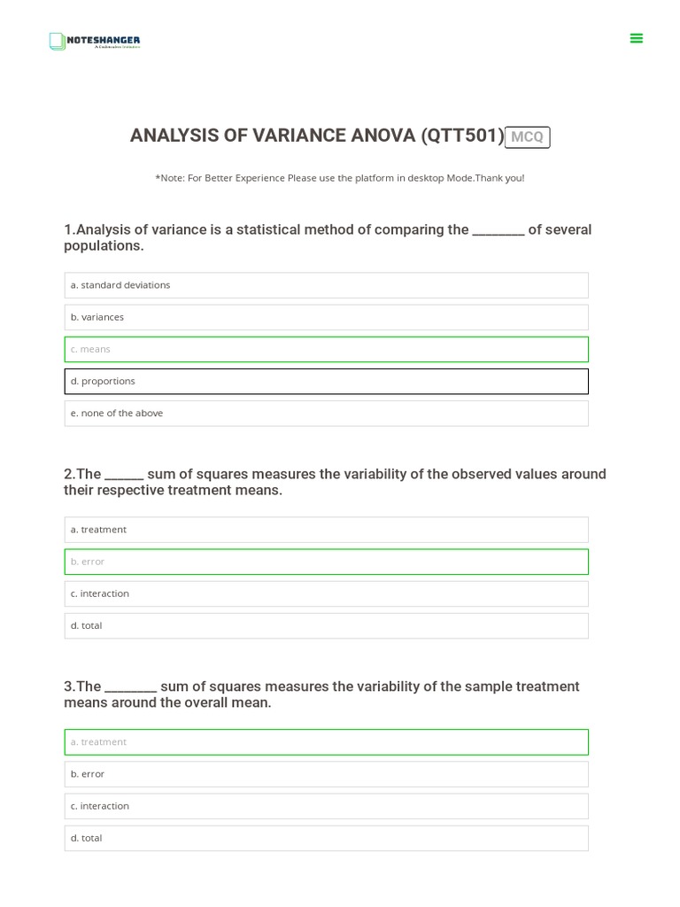 ANOVA MCQs and Key Concepts | PDF | Analysis Of Variance | Errors And ...