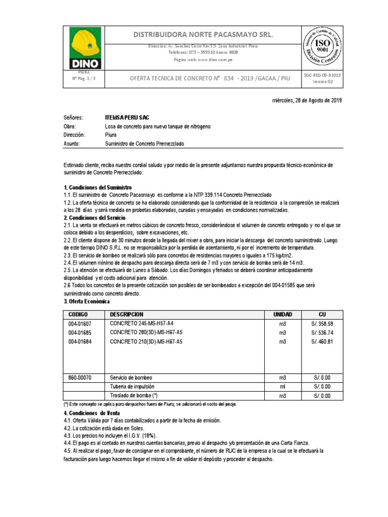 Oferta Tecnica de Concreto #868-2019 Itemsa | PDF | Hormigón | Materiales