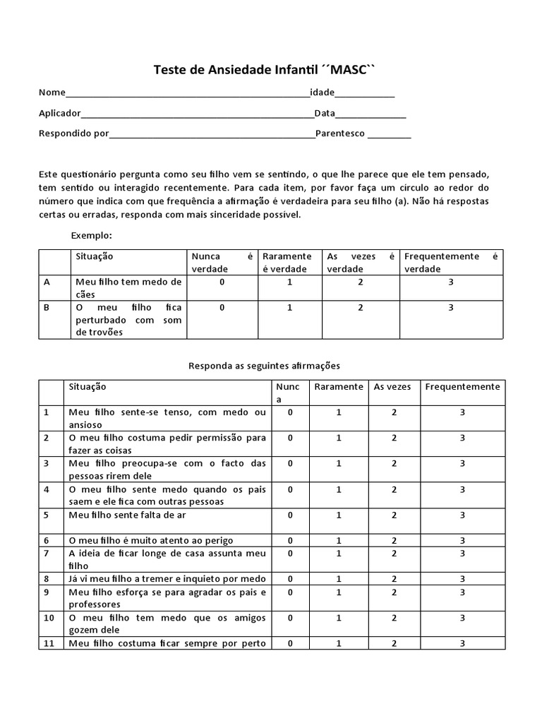 Teste MASC de Ansiedade Infantil | PDF