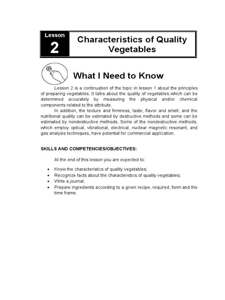 Characteristics of Quality Vegetables What I Need To Know Lesson PDF