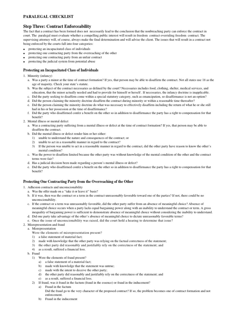 Step Three: Contract Enforceability: Paralegal Checklist | PDF | Lease ...