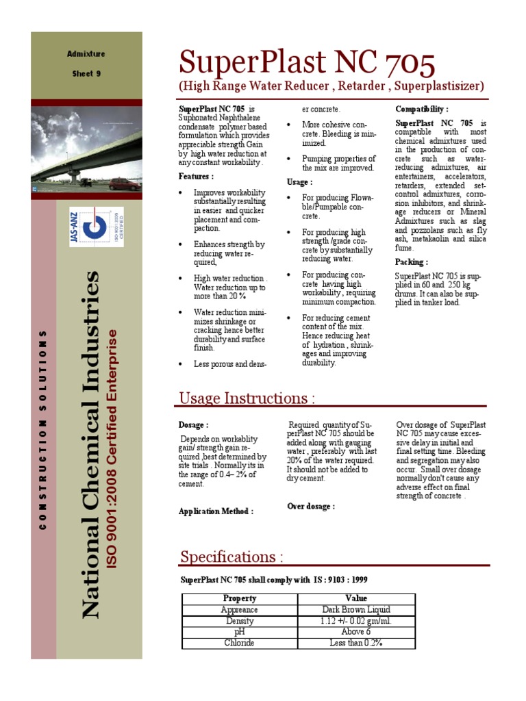 Superplast NC 705: Usage Instructions | PDF | Concrete | Materials