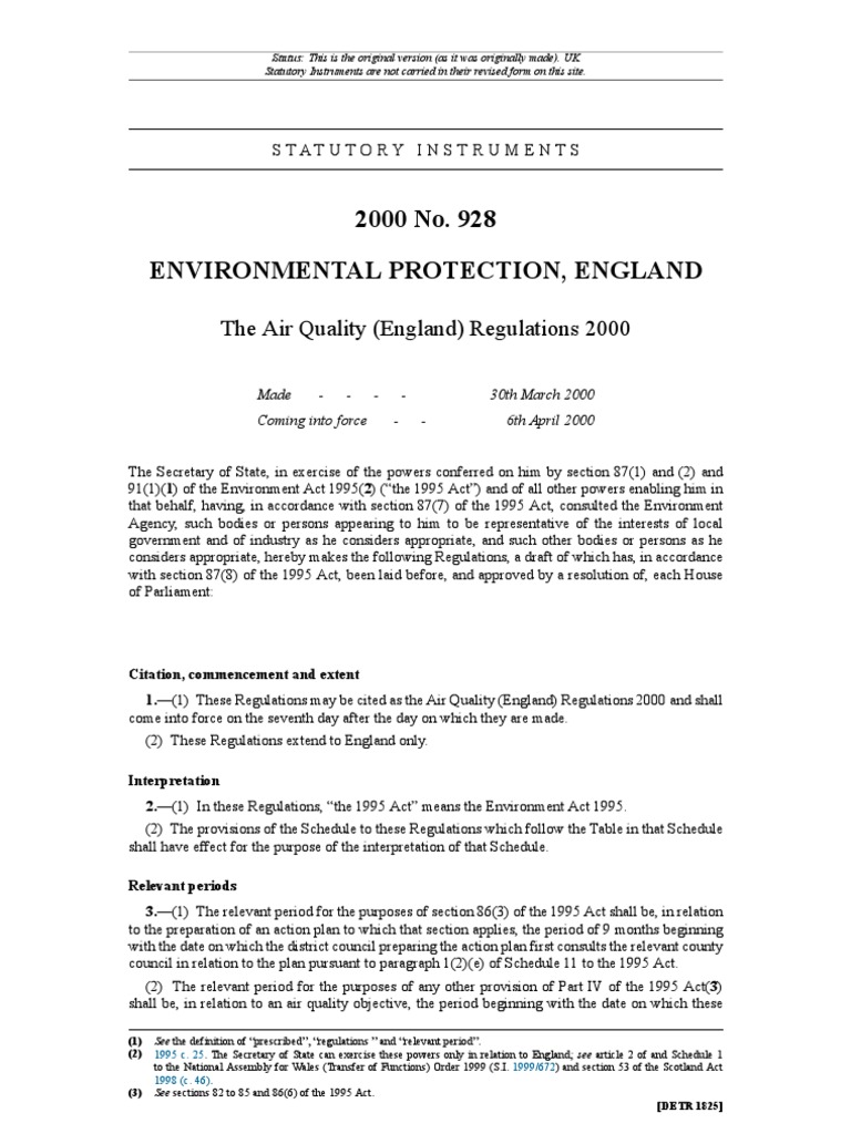 2000 No. 928 Environmental Protection, England The Air Quality