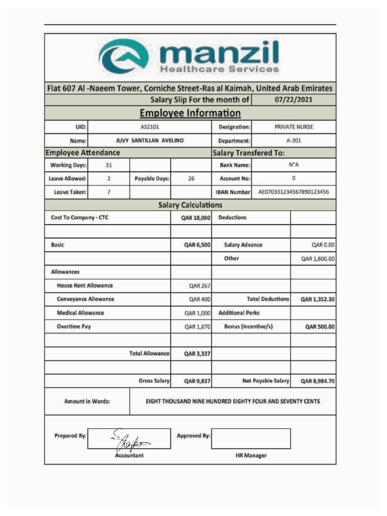 Salary Slip Format UAE PDF